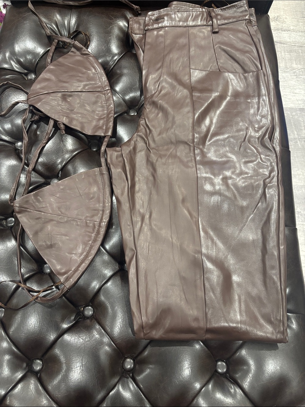 Fashion Nova Brown Faux Leather Two-Piece Set